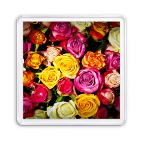 Магнит 55*55 с принтом Букет роз в Петрозаводске, Пластик | Размер: 65*65 мм; Размер печати: 55*55 мм | жёлтый | красный | лепестки | прикольные картинки | розы | цветочки | цветы