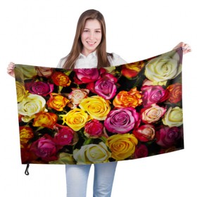 Флаг 3D с принтом Букет роз в Петрозаводске, 100% полиэстер | плотность ткани — 95 г/м2, размер — 67 х 109 см. Принт наносится с одной стороны | жёлтый | красный | лепестки | прикольные картинки | розы | цветочки | цветы