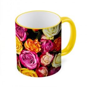 Кружка 3D с принтом Букет роз в Петрозаводске, керамика | ёмкость 330 мл | жёлтый | красный | лепестки | прикольные картинки | розы | цветочки | цветы