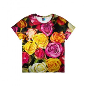 Детская футболка 3D с принтом Букет роз в Петрозаводске, 100% гипоаллергенный полиэфир | прямой крой, круглый вырез горловины, длина до линии бедер, чуть спущенное плечо, ткань немного тянется | жёлтый | красный | лепестки | прикольные картинки | розы | цветочки | цветы