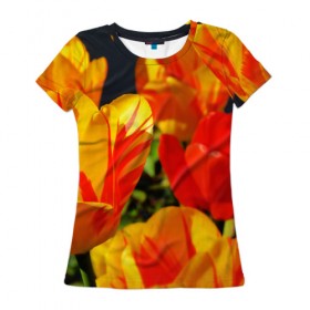Женская футболка 3D с принтом Тюльпаны в Петрозаводске, 100% полиэфир ( синтетическое хлопкоподобное полотно) | прямой крой, круглый вырез горловины, длина до линии бедер | 