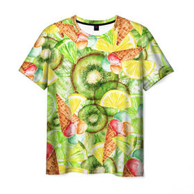 Мужская футболка 3D с принтом Веселые фрукты 2 в Петрозаводске, 100% полиэфир | прямой крой, круглый вырез горловины, длина до линии бедер | Тематика изображения на принте: апельсин | арбуз | банан | виноград | груша | киви | мороженое | овощи | питание | ппп | правильное | тайланд | фрукт | яблоко