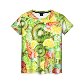 Женская футболка 3D с принтом Веселые фрукты 2 в Петрозаводске, 100% полиэфир ( синтетическое хлопкоподобное полотно) | прямой крой, круглый вырез горловины, длина до линии бедер | апельсин | арбуз | банан | виноград | груша | киви | мороженое | овощи | питание | ппп | правильное | тайланд | фрукт | яблоко