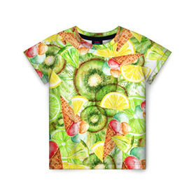 Детская футболка 3D с принтом Веселые фрукты 2 в Петрозаводске, 100% гипоаллергенный полиэфир | прямой крой, круглый вырез горловины, длина до линии бедер, чуть спущенное плечо, ткань немного тянется | апельсин | арбуз | банан | виноград | груша | киви | мороженое | овощи | питание | ппп | правильное | тайланд | фрукт | яблоко