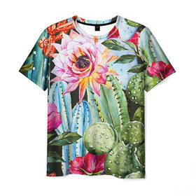 Мужская футболка 3D с принтом Зелень в Петрозаводске, 100% полиэфир | прямой крой, круглый вырез горловины, длина до линии бедер | кактусы | лилия | тропики | цветы
