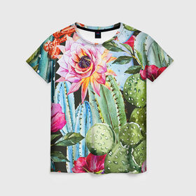 Женская футболка 3D с принтом Зелень в Петрозаводске, 100% полиэфир ( синтетическое хлопкоподобное полотно) | прямой крой, круглый вырез горловины, длина до линии бедер | кактусы | лилия | тропики | цветы