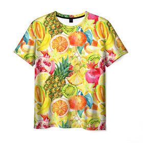 Мужская футболка 3D с принтом Веселые фрукты 1 в Петрозаводске, 100% полиэфир | прямой крой, круглый вырез горловины, длина до линии бедер | апельсин | арбуз | банан | виноград | груша | киви | овощи | питание | ппп | правильное | тайланд | фрукт | яблоко