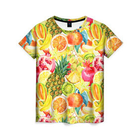 Женская футболка 3D с принтом Веселые фрукты 1 в Петрозаводске, 100% полиэфир ( синтетическое хлопкоподобное полотно) | прямой крой, круглый вырез горловины, длина до линии бедер | Тематика изображения на принте: апельсин | арбуз | банан | виноград | груша | киви | овощи | питание | ппп | правильное | тайланд | фрукт | яблоко