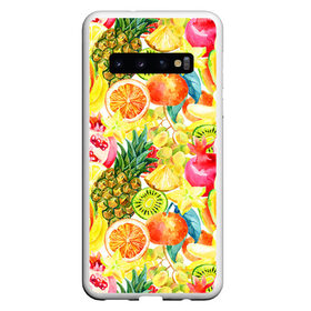 Чехол для Samsung Galaxy S10 с принтом Веселые фрукты 1 в Петрозаводске, Силикон | Область печати: задняя сторона чехла, без боковых панелей | Тематика изображения на принте: апельсин | арбуз | банан | виноград | груша | киви | овощи | питание | ппп | правильное | тайланд | фрукт | яблоко