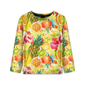 Детский лонгслив 3D с принтом Веселые фрукты 1 в Петрозаводске, 100% полиэстер | длинные рукава, круглый вырез горловины, полуприлегающий силуэт
 | апельсин | арбуз | банан | виноград | груша | киви | овощи | питание | ппп | правильное | тайланд | фрукт | яблоко