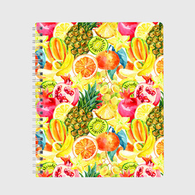 Тетрадь с принтом Веселые фрукты 1 в Петрозаводске, 100% бумага | 48 листов, плотность листов — 60 г/м2, плотность картонной обложки — 250 г/м2. Листы скреплены сбоку удобной пружинной спиралью. Уголки страниц и обложки скругленные. Цвет линий — светло-серый
 | Тематика изображения на принте: апельсин | арбуз | банан | виноград | груша | киви | овощи | питание | ппп | правильное | тайланд | фрукт | яблоко