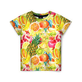 Детская футболка 3D с принтом Веселые фрукты 1 в Петрозаводске, 100% гипоаллергенный полиэфир | прямой крой, круглый вырез горловины, длина до линии бедер, чуть спущенное плечо, ткань немного тянется | апельсин | арбуз | банан | виноград | груша | киви | овощи | питание | ппп | правильное | тайланд | фрукт | яблоко