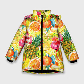 Зимняя куртка для девочек 3D с принтом Веселые фрукты 1 в Петрозаводске, ткань верха — 100% полиэстер; подклад — 100% полиэстер, утеплитель — 100% полиэстер. | длина ниже бедра, удлиненная спинка, воротник стойка и отстегивающийся капюшон. Есть боковые карманы с листочкой на кнопках, утяжки по низу изделия и внутренний карман на молнии. 

Предусмотрены светоотражающий принт на спинке, радужный светоотражающий элемент на пуллере молнии и на резинке для утяжки. | апельсин | арбуз | банан | виноград | груша | киви | овощи | питание | ппп | правильное | тайланд | фрукт | яблоко