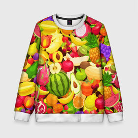 Детский свитшот 3D с принтом Веселые фрукты в Петрозаводске, 100% полиэстер | свободная посадка, прямой крой, мягкая тканевая резинка на рукавах и понизу свитшота | Тематика изображения на принте: апельсин | арбуз | банан | виноград | груша | киви | овощи | питание | ппп | правильное | тайланд | фрукт | яблоко
