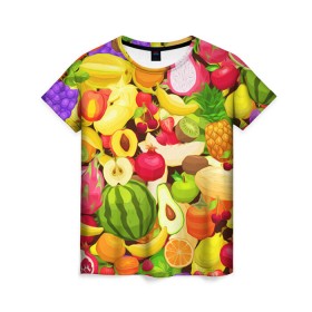 Женская футболка 3D с принтом Веселые фрукты в Петрозаводске, 100% полиэфир ( синтетическое хлопкоподобное полотно) | прямой крой, круглый вырез горловины, длина до линии бедер | апельсин | арбуз | банан | виноград | груша | киви | овощи | питание | ппп | правильное | тайланд | фрукт | яблоко