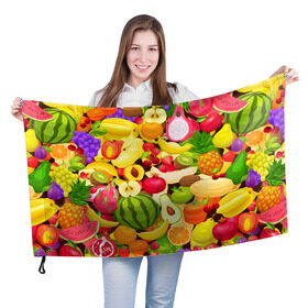 Флаг 3D с принтом Веселые фрукты в Петрозаводске, 100% полиэстер | плотность ткани — 95 г/м2, размер — 67 х 109 см. Принт наносится с одной стороны | Тематика изображения на принте: апельсин | арбуз | банан | виноград | груша | киви | овощи | питание | ппп | правильное | тайланд | фрукт | яблоко