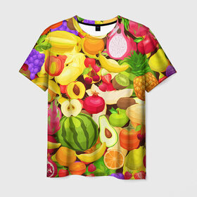 Мужская футболка 3D с принтом Веселые фрукты в Петрозаводске, 100% полиэфир | прямой крой, круглый вырез горловины, длина до линии бедер | апельсин | арбуз | банан | виноград | груша | киви | овощи | питание | ппп | правильное | тайланд | фрукт | яблоко