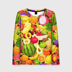 Женский лонгслив 3D с принтом Веселые фрукты в Петрозаводске, 100% полиэстер | длинные рукава, круглый вырез горловины, полуприлегающий силуэт | апельсин | арбуз | банан | виноград | груша | киви | овощи | питание | ппп | правильное | тайланд | фрукт | яблоко