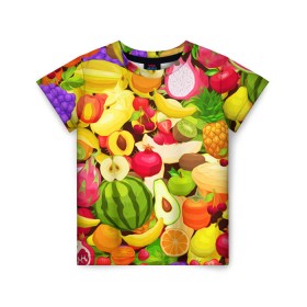 Детская футболка 3D с принтом Веселые фрукты в Петрозаводске, 100% гипоаллергенный полиэфир | прямой крой, круглый вырез горловины, длина до линии бедер, чуть спущенное плечо, ткань немного тянется | Тематика изображения на принте: апельсин | арбуз | банан | виноград | груша | киви | овощи | питание | ппп | правильное | тайланд | фрукт | яблоко