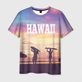 Мужская футболка 3D с принтом HAWAII 3 в Петрозаводске, 100% полиэфир | прямой крой, круглый вырез горловины, длина до линии бедер | Тематика изображения на принте: hawaii | гаваи | лето | океан | отдых | пальмы | пляж | серф
