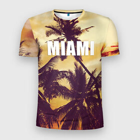Мужская футболка 3D спортивная с принтом MIAMI в Петрозаводске, 100% полиэстер с улучшенными характеристиками | приталенный силуэт, круглая горловина, широкие плечи, сужается к линии бедра | Тематика изображения на принте: miami | лето | майами | маями | океан | отдых | пальмы | пляж | серф