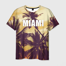 Мужская футболка 3D с принтом MIAMI в Петрозаводске, 100% полиэфир | прямой крой, круглый вырез горловины, длина до линии бедер | miami | лето | майами | маями | океан | отдых | пальмы | пляж | серф
