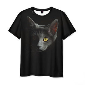 Мужская футболка 3D с принтом Кошачий взгляд в Петрозаводске, 100% полиэфир | прямой крой, круглый вырез горловины, длина до линии бедер | глаз | киска | кот | котёнок | кошка | прикольные картинки | темнота | тьма