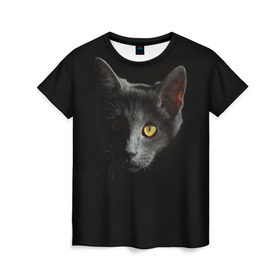 Женская футболка 3D с принтом Кошачий взгляд в Петрозаводске, 100% полиэфир ( синтетическое хлопкоподобное полотно) | прямой крой, круглый вырез горловины, длина до линии бедер | глаз | киска | кот | котёнок | кошка | прикольные картинки | темнота | тьма