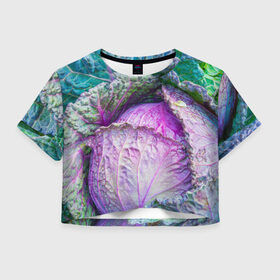 Женская футболка 3D укороченная с принтом Капуста в Петрозаводске, 100% полиэстер | круглая горловина, длина футболки до линии талии, рукава с отворотами | дача | еда | зелень | капуста | овощи | огород | растения | цветная капуста