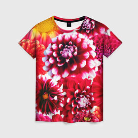Женская футболка 3D с принтом Яркие цветы в Петрозаводске, 100% полиэфир ( синтетическое хлопкоподобное полотно) | прямой крой, круглый вырез горловины, длина до линии бедер | красный | лепестки | прикольные картинки | цветочки | цветы