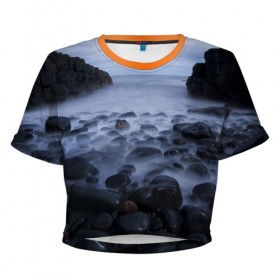 Женская футболка 3D укороченная с принтом Туманный берег в Петрозаводске, 100% полиэстер | круглая горловина, длина футболки до линии талии, рукава с отворотами | 