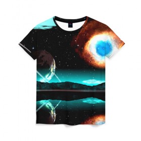 Женская футболка 3D с принтом Планета в Петрозаводске, 100% полиэфир ( синтетическое хлопкоподобное полотно) | прямой крой, круглый вырез горловины, длина до линии бедер | вселенная | галактика | звезды | планета
