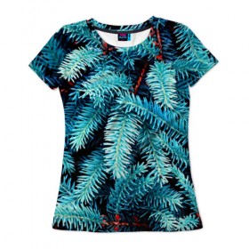 Женская футболка 3D с принтом Голубая ель в Петрозаводске, 100% полиэфир ( синтетическое хлопкоподобное полотно) | прямой крой, круглый вырез горловины, длина до линии бедер | елка | ель | иголки | пихтовый | природа | хвоя