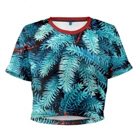 Женская футболка 3D укороченная с принтом Голубая ель в Петрозаводске, 100% полиэстер | круглая горловина, длина футболки до линии талии, рукава с отворотами | елка | ель | иголки | пихтовый | природа | хвоя