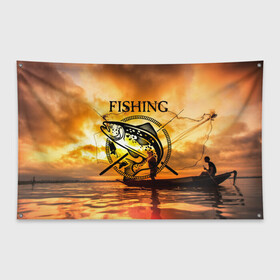 Флаг-баннер с принтом Рыбалка в Петрозаводске, 100% полиэстер | размер 67 х 109 см, плотность ткани — 95 г/м2; по краям флага есть четыре люверса для крепления | boat | clouds | emblem | fish | fishermen | fishing | logo | nature | net | reflection | river | sky | sturgeon | sun | sunset | water | wave | вода | волна | закат | логотип | лодка | небо | облака | осетр | отражение | природа | река | рыба | рыбаки | р