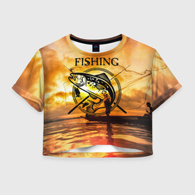 Женская футболка 3D укороченная с принтом Рыбалка в Петрозаводске, 100% полиэстер | круглая горловина, длина футболки до линии талии, рукава с отворотами | boat | clouds | emblem | fish | fishermen | fishing | logo | nature | net | reflection | river | sky | sturgeon | sun | sunset | water | wave | вода | волна | закат | логотип | лодка | небо | облака | осетр | отражение | природа | река | рыба | рыбаки | р