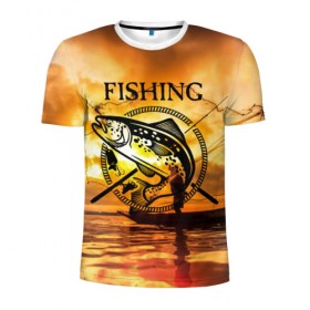 Мужская футболка 3D спортивная с принтом Рыбалка в Петрозаводске, 100% полиэстер с улучшенными характеристиками | приталенный силуэт, круглая горловина, широкие плечи, сужается к линии бедра | Тематика изображения на принте: boat | clouds | emblem | fish | fishermen | fishing | logo | nature | net | reflection | river | sky | sturgeon | sun | sunset | water | wave | вода | волна | закат | логотип | лодка | небо | облака | осетр | отражение | природа | река | рыба | рыбаки | р