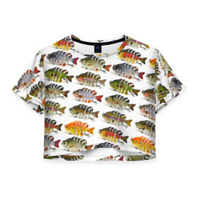 Женская футболка 3D укороченная с принтом Рыбки в Петрозаводске, 100% полиэстер | круглая горловина, длина футболки до линии талии, рукава с отворотами | bait | fish | fishing | lure | tackle | блесна | наживка | приманка | рыба | рыбалка | снасть