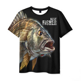 Мужская футболка 3D с принтом Лучший рыбак в Петрозаводске, 100% полиэфир | прямой крой, круглый вырез горловины, длина до линии бедер | Тематика изображения на принте: background | best fisherman | black | fish | fishing | лучший рыбак | рыба | рыбалка | фон | черный