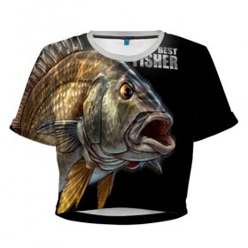 Женская футболка 3D укороченная с принтом Лучший рыбак в Петрозаводске, 100% полиэстер | круглая горловина, длина футболки до линии талии, рукава с отворотами | background | best fisherman | black | fish | fishing | лучший рыбак | рыба | рыбалка | фон | черный