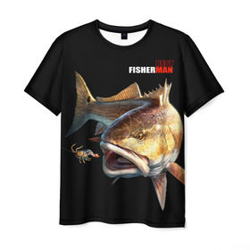 Мужская футболка 3D с принтом Лучший рыбак в Петрозаводске, 100% полиэфир | прямой крой, круглый вырез горловины, длина до линии бедер | background | best fisherman | black | fish | fishing | лучший рыбак | рыба | рыбалка | фон | черный