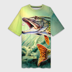 Платье-футболка 3D с принтом Лучший рыбак в Петрозаводске,  |  | bait | best fisherman | driftwood | fish | fishing | hook | pike | river bottom | water | вода | дно | коряга | крючок | лучший рыбак | наживка | река | рыба | рыбалка | щука