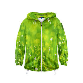 Детская ветровка 3D с принтом Роса на траве в Петрозаводске, 100% полиэстер | подол и капюшон оформлены резинкой с фиксаторами, по бокам два кармана без застежек, один потайной карман на груди | зелёный | зелень | луг | роса | яркий