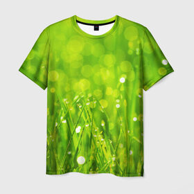 Мужская футболка 3D с принтом Роса на траве в Петрозаводске, 100% полиэфир | прямой крой, круглый вырез горловины, длина до линии бедер | Тематика изображения на принте: зелёный | зелень | луг | роса | яркий