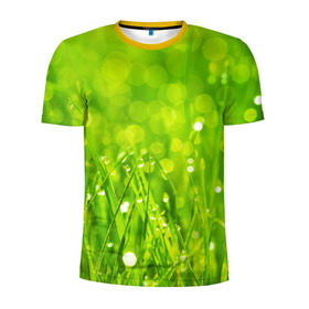 Мужская футболка 3D спортивная с принтом Роса на траве в Петрозаводске, 100% полиэстер с улучшенными характеристиками | приталенный силуэт, круглая горловина, широкие плечи, сужается к линии бедра | зелёный | зелень | луг | роса | яркий