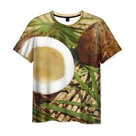 Мужская футболка 3D с принтом Кокос в Петрозаводске, 100% полиэфир | прямой крой, круглый вырез горловины, длина до линии бедер | Тематика изображения на принте: бамбук | белый | еда | зеленый | кокос | лето | листья | орех | природа | продукты