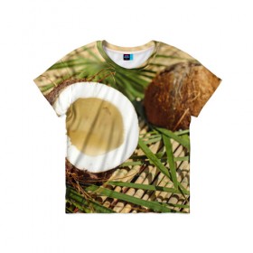 Детская футболка 3D с принтом Кокос в Петрозаводске, 100% гипоаллергенный полиэфир | прямой крой, круглый вырез горловины, длина до линии бедер, чуть спущенное плечо, ткань немного тянется | бамбук | белый | еда | зеленый | кокос | лето | листья | орех | природа | продукты