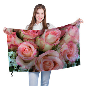 Флаг 3D с принтом Розы в Петрозаводске, 100% полиэстер | плотность ткани — 95 г/м2, размер — 67 х 109 см. Принт наносится с одной стороны | букет | вода | капли | лепестки | природа | растения | розовые | розы | роса | цветок | цветы