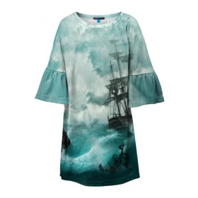 Детское платье 3D с принтом Море в Петрозаводске, 100% полиэстер | прямой силуэт, чуть расширенный к низу. Круглая горловина, на рукавах — воланы | бочка | вода | волны | корабль | море | небо | новые | облака | океан | природа | шторм | якорь