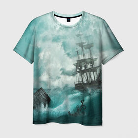 Мужская футболка 3D с принтом Море в Петрозаводске, 100% полиэфир | прямой крой, круглый вырез горловины, длина до линии бедер | бочка | вода | волны | корабль | море | небо | новые | облака | океан | природа | шторм | якорь